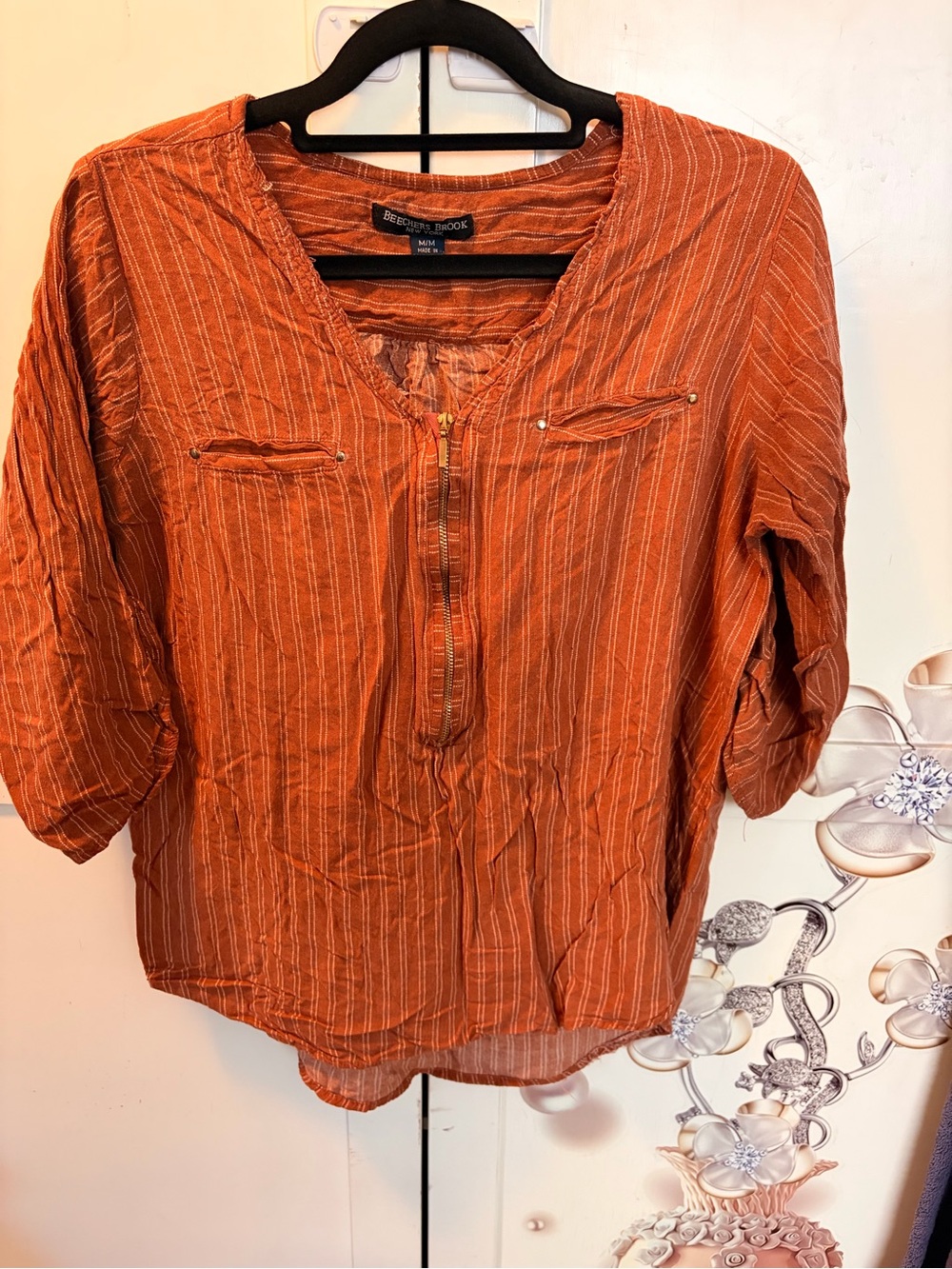 Relaxed Rust-Orange Half-Zip Striped Tunic Top
